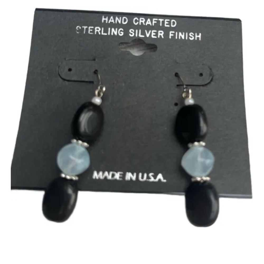 Handcrafted Sterling Silver Finish Black and Blue Earrings